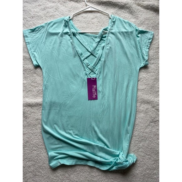 Mint Blue Dress With Pockets Criss Cross Short Sleeve Beach Tunic T Shirt Dress - Picture 7 of 12